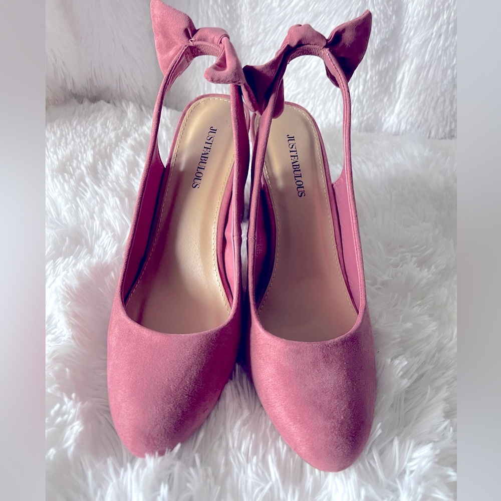 Suede Sling Back Chunky Heels with Cute Bow